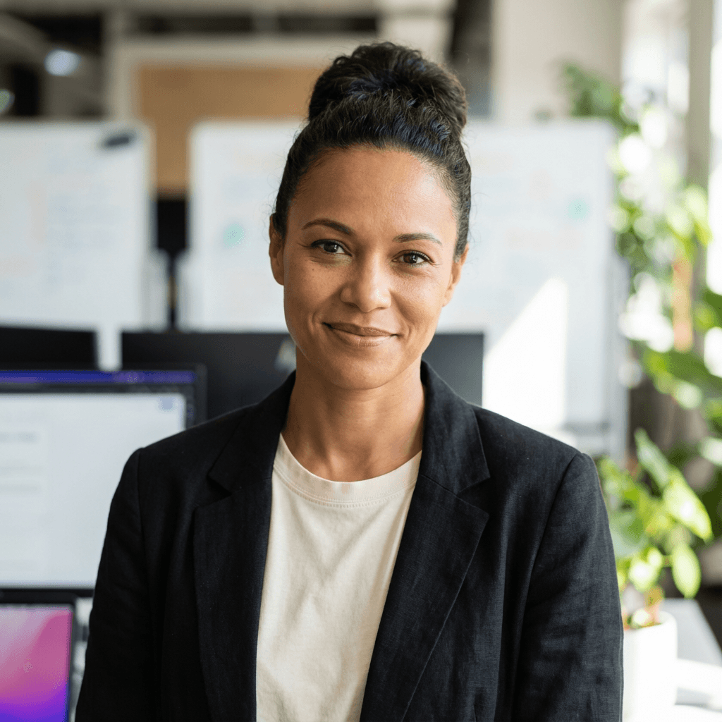 Female office manager in her early 40s, White, professional and friendly demeanor suitable for office management role