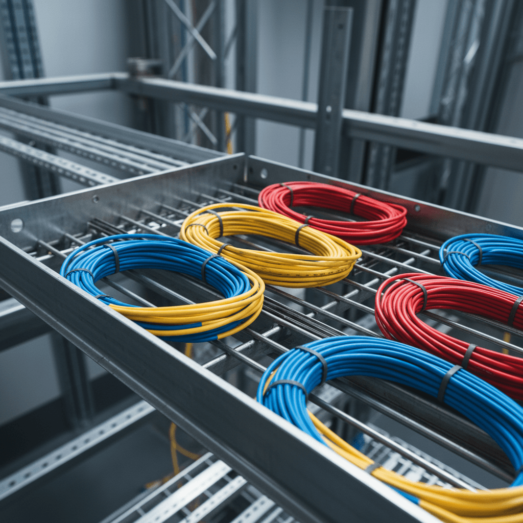 Structured cabling runs with fiber optic and Cat6A cables