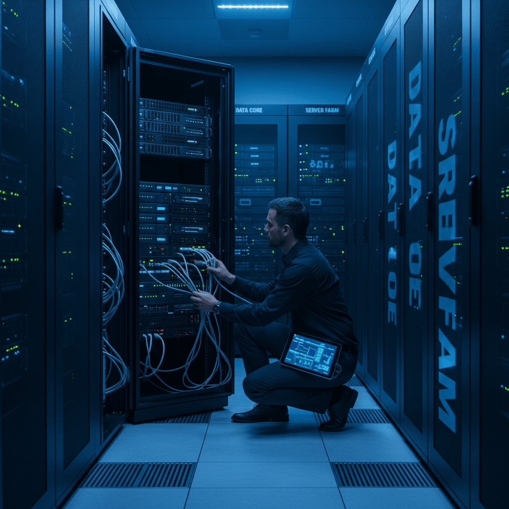 IT consultant working with server equipment in a modern data center with blue lighting