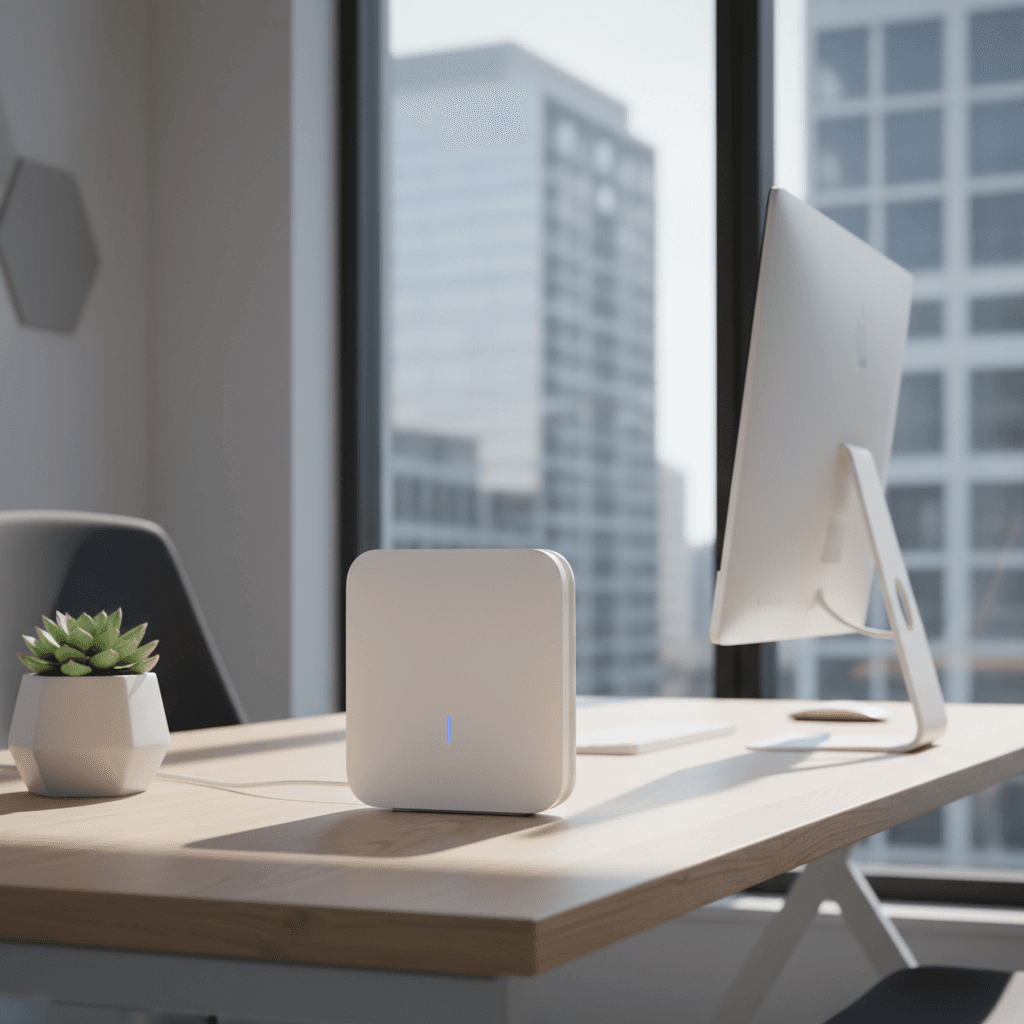 Modern wireless router in a bright office environment