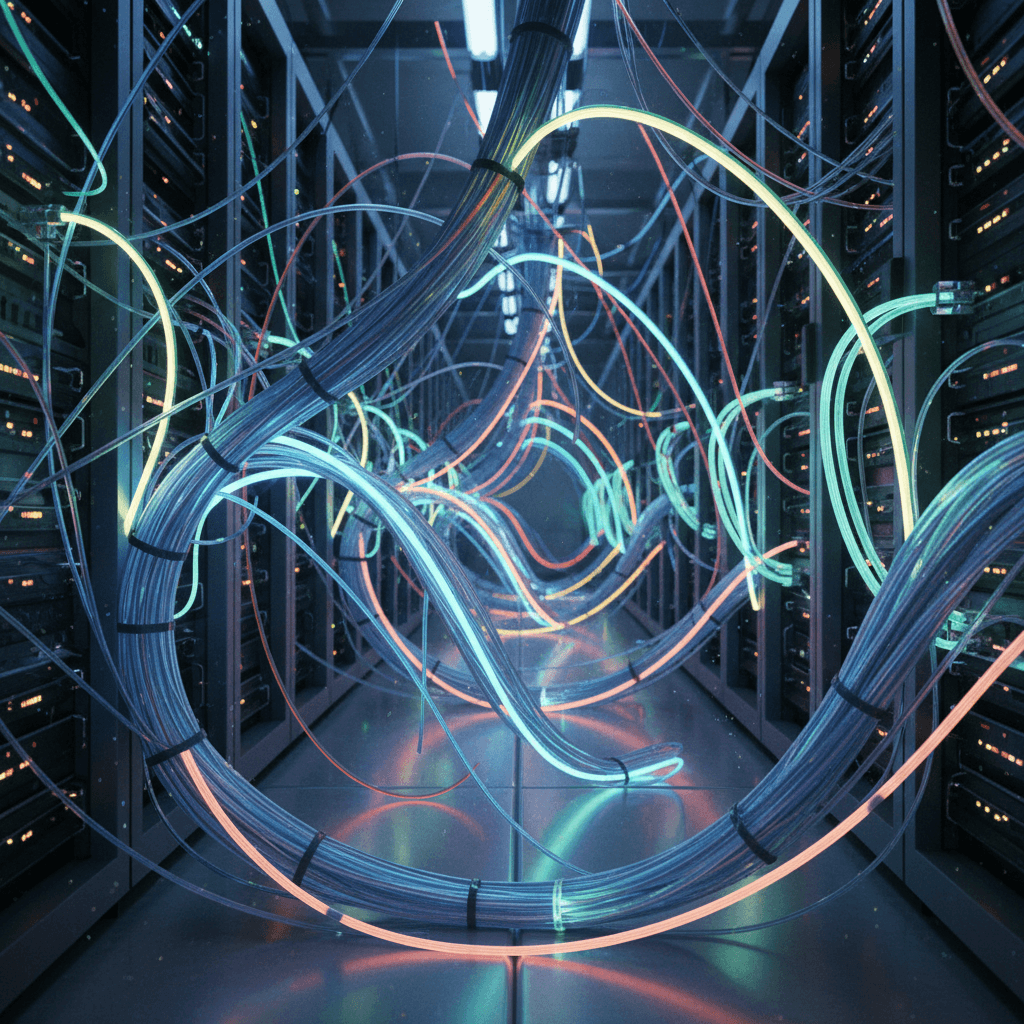 Fiber optic cables glowing with light in a data center