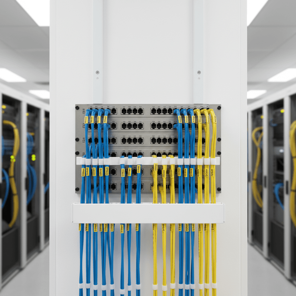 Organized patch panel with labeled network connections