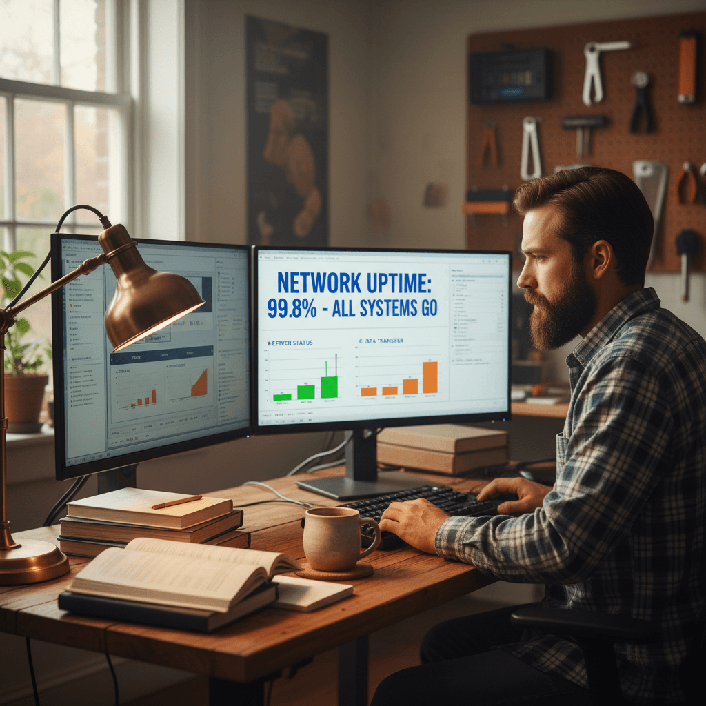 IT technician monitoring network health and performance metrics