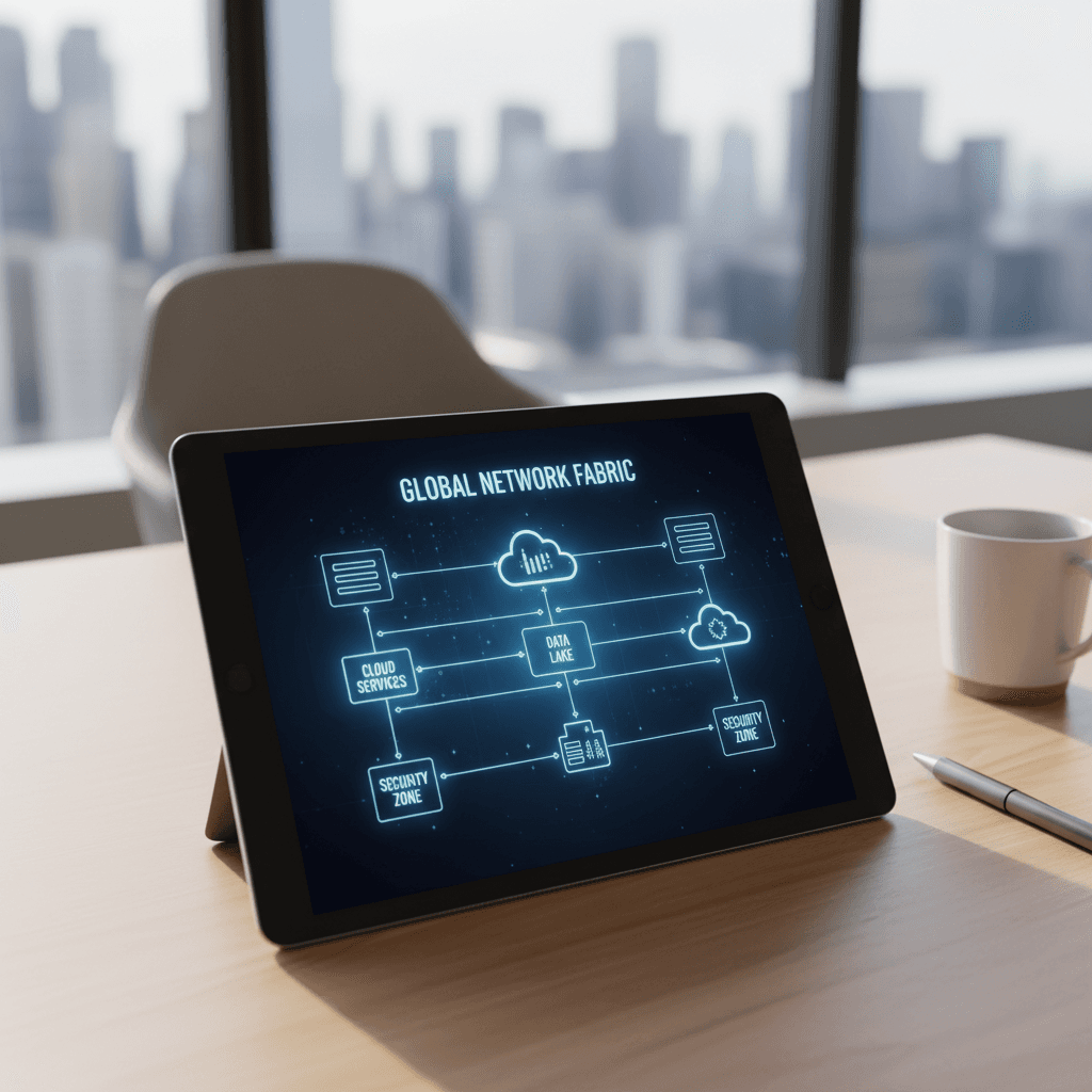 Network architecture diagram displayed on a digital tablet in a modern office