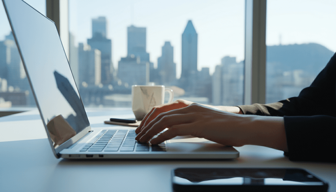 Professional working on laptop in a modern tech workspace