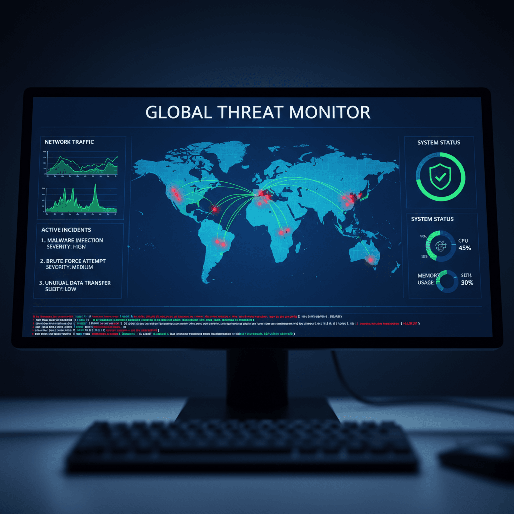 Cybersecurity dashboard with network monitoring on a computer screen