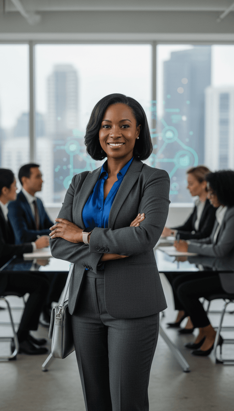 Professional woman in her early 40s, Black, confident appearance suitable for IT consulting