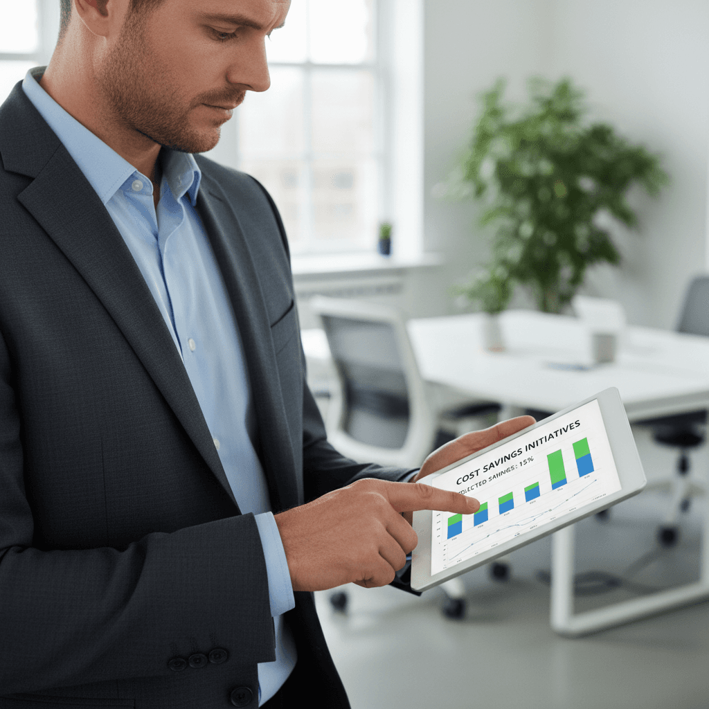 Business person reviewing cost savings chart on tablet