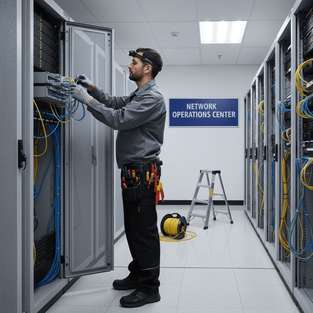 Professional technician installing structured cabling in a server room