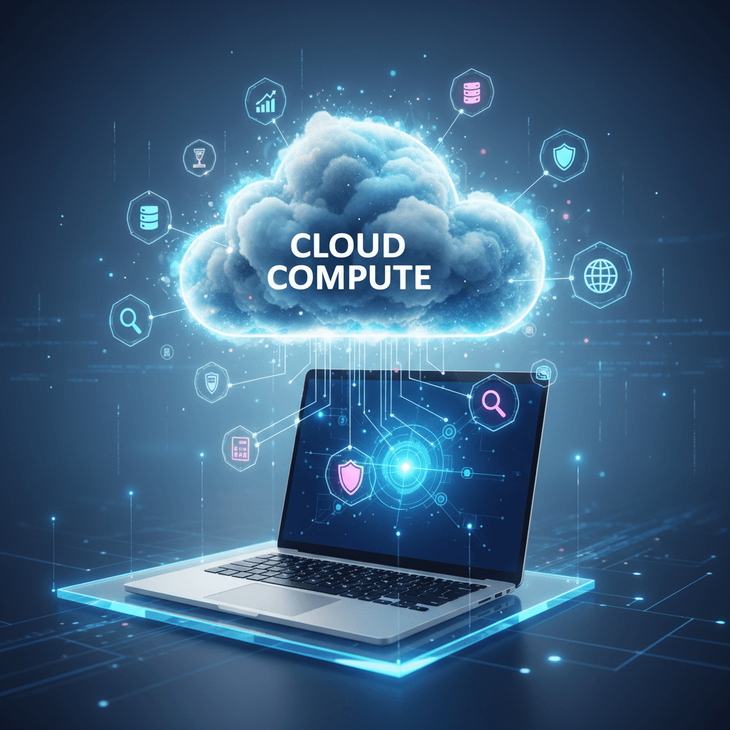 Cloud computing concept with digital icons floating above a laptop